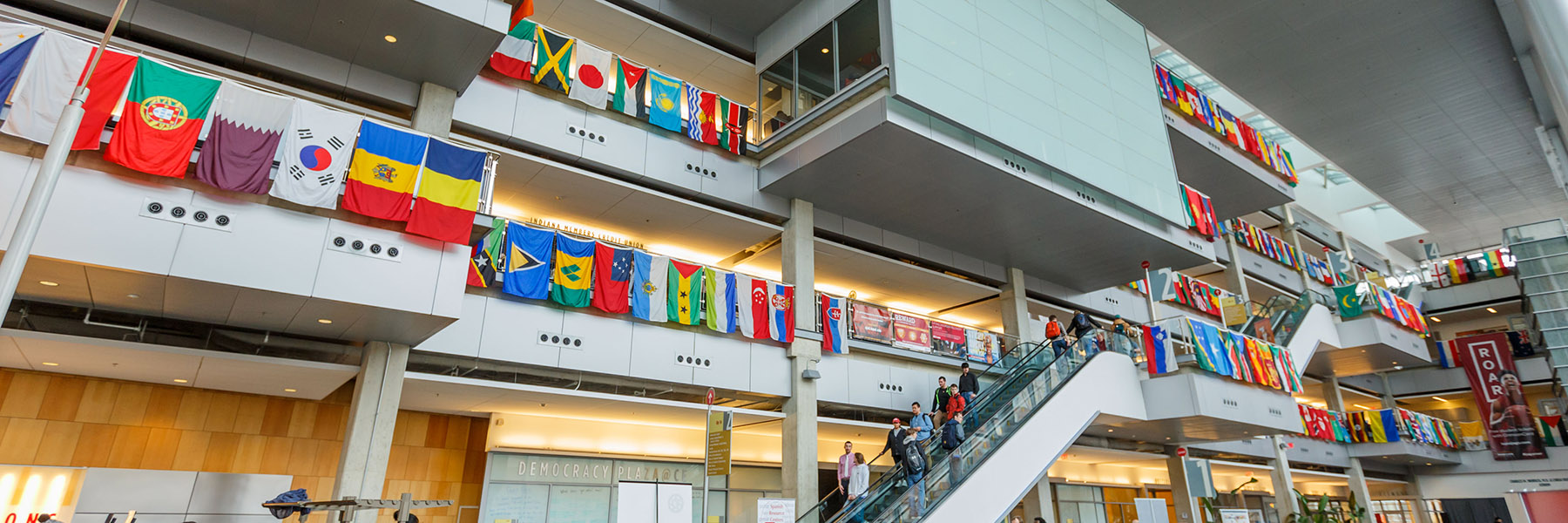The flags of every country represented at IUPUI hanging in the Campus Center. 